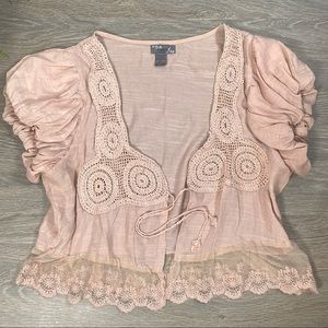 Poetry Pink Lace Blouse Short Sleeve with Tie Front - Large